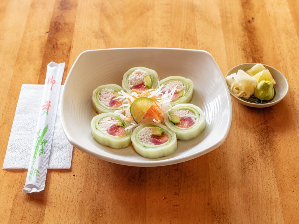 Shogun Roll · Fresh tuna, salmon, avocado, crabmeat. Cucumber wrapped with ponzu sauce.