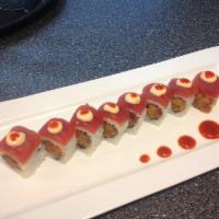 Tuna Heaven Roll · 8 pieces per order. Crunchy spicy tuna roll, topped with fresh tuna, spicy mayo, Sriracha.