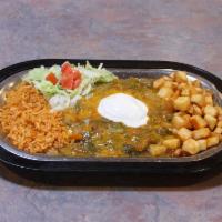 Flat Blue Corn Enchiladas Plate · Layered blue corn tortillas filled with ground beef, topped with melted cheddar cheese and h...