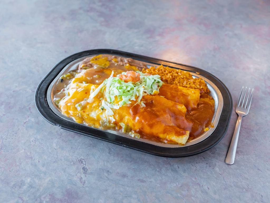 Burrito Plate · Flour tortilla filled with ground beef and beans, topped with melted cheddar cheese.
