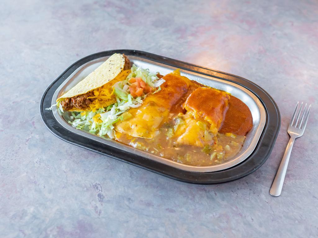 Combo 2 · Cheddar cheese and onion enchilada, one red chile pork tamale topped with melted cheddar cheese, served with one ground beef taco.