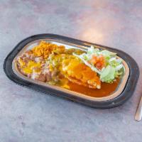 Lite Bite Stuffed Sopapilla · Half of a sopapilla stuffed with ground beef or refried beans topped with cheddar cheese.