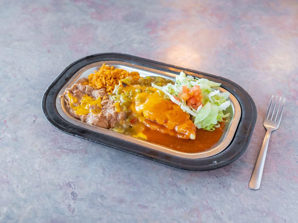 Lite Bite Stuffed Sopapilla · Half of a sopapilla stuffed with ground beef or refried beans topped with cheddar cheese.