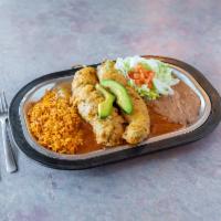 Vegan 2 Avocado Rellenos · 2 large Hatch green chiles stuffed with avocado slices. Made to order, coated in our signatu...