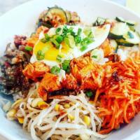 Spicy Chicken Breast Bibimbap · Bean sprout, carrot, cucumber, zucchini, mushroom, spicy chicken and egg. Spicy.