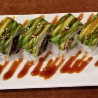 Caterpillar Roll · Baked eel and cucumber topped with avocado.
