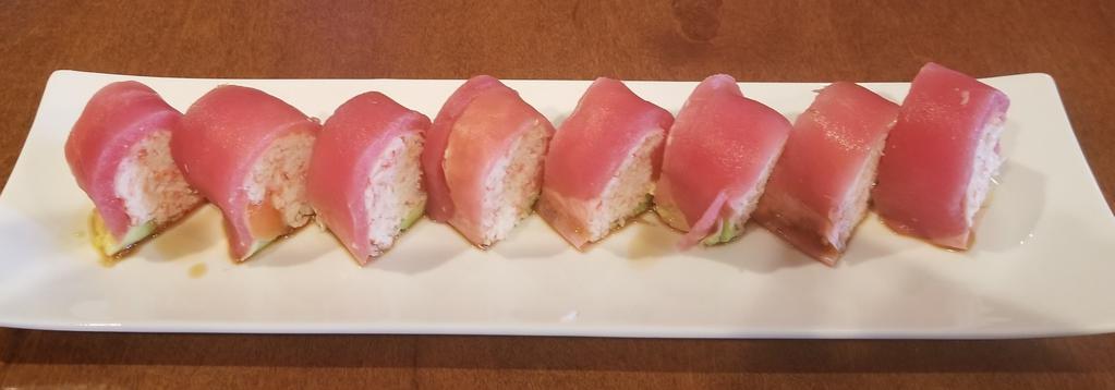 Love Love Roll Special · Crabmeat, avocado, salmon, wrapped with fresh tuna, and ponzu sauce.
