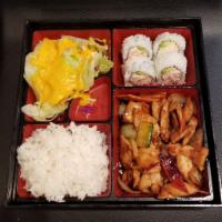Chicken Teriyaki Bento Box · Chicken teriyaki with steamed rice. Served with 4 pieces Cali roll, house, salad and miso so...