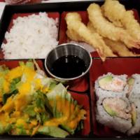 Tempura Bento Box · 5 pieces shrimp tempura with steamed rice. Served with 4 pieces Cali roll, house salad and m...