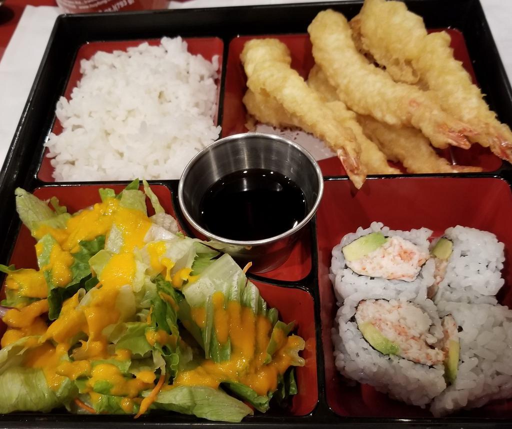 Tempura Bento Box · 5 pieces shrimp tempura with steamed rice. Served with 4 pieces Cali roll, house salad and miso soup.