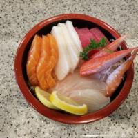 Sashimi Bowl · Salmon, tuna, red snapper, white tuna and sushi rice. Served with miso soup.