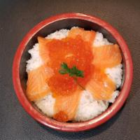 Salmon Ikura Bowl · Sushi rice with fresh salmon and Salmon roe. Served with miso soup.