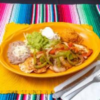 Pollo Asado · Grilled chicken breast with onions, tomatoes, bell peppers, served with guacamole, sour crea...