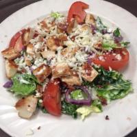 Grilled Chicken Ranch Salad · Served with romaine lettuce, red onions, tomatoes, bacon shredded mozzarella & grilled chick...