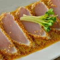 Gluten Free Haji Tataki · Sesame crusted seared albacore, served in a warm, whole grain mustard ponzu sauce.