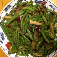 10. Dry Sauteed String Bean 干煸四季豆 · Dry string bean stir fried with szechuan chili sauce. Hot and spicy. Served with white rice.