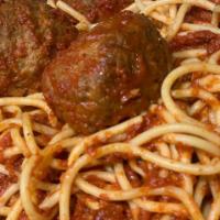 Spaghetti with Meatballs · Spaghetti topped in our homemade meatballs.