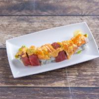i8. X Roll · Hamchi, avocado topped with tuna salmon and spicy mayo.