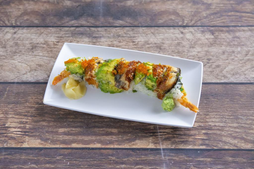 i16. Dragon Roll · Shrimp tempura topped with eel, avocado, tobiko, sesame, eel sauce and Japanese mayo.