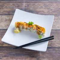 i20. Lion King Roll · Snow crab, avocado topped with baked salmon, spicy mayo and unagi sauce, tobiko, green onion...