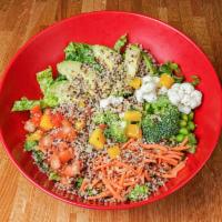 Superfood Quinoa Salad · Spinach, tomatoes, broccoli, cauliflower, carrots, edamame, mango, quinoa, avocado, sunflowe...