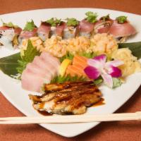 6. Sashimi Deluxe · Raw. 18 pieces of assorted sashimi and bowl rice.