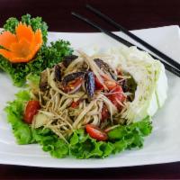 Thum Mak Hoong (Papaya Salad) · Shredded Green Papaya, Tomatoes, Garlic, Lime, Fresh Chili, & Peanuts
(Lao Style): Strong an...