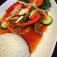 3 Flavored Crispy Duck · Deep Fried Duck, Sweet Basil, Onions, Carrots, & Bell Peppers in a Spicy, Sweet, & Sour Sauce