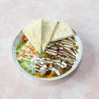 Beef Gyro Platter · served with Basmati Rice, lettuce,tomato,sauteed onion&pitta bread,white sauce.
