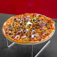 Supreme Pizza · Pepperoni, ham, Italian sausage, bacon, mushrooms, onions, green peppers and black olives.