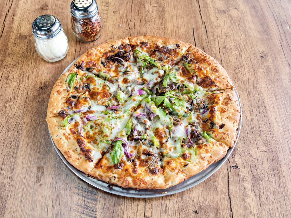 Philly Steak Pizza · Steak, onions, green peppers, mushrooms and mozzarella cheese.