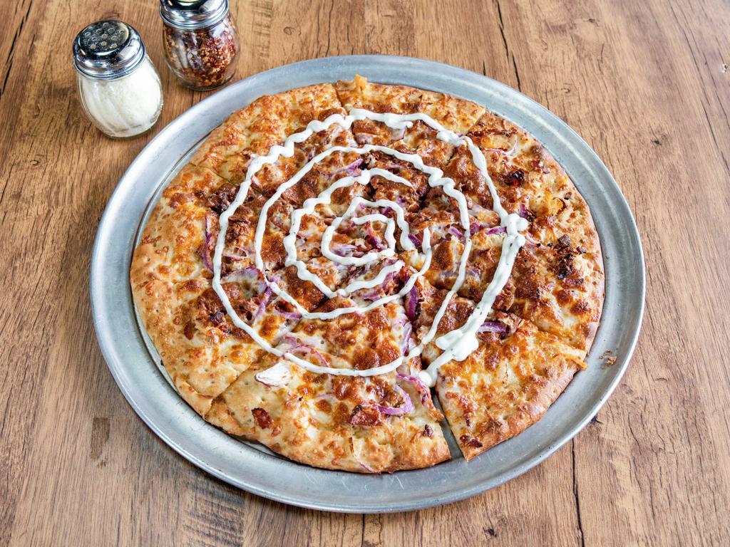 Chicken Bacon Ranch Pizza · Chicken, bacon, onions, cheddar and mozzarella cheese, topped with ranch dressing.