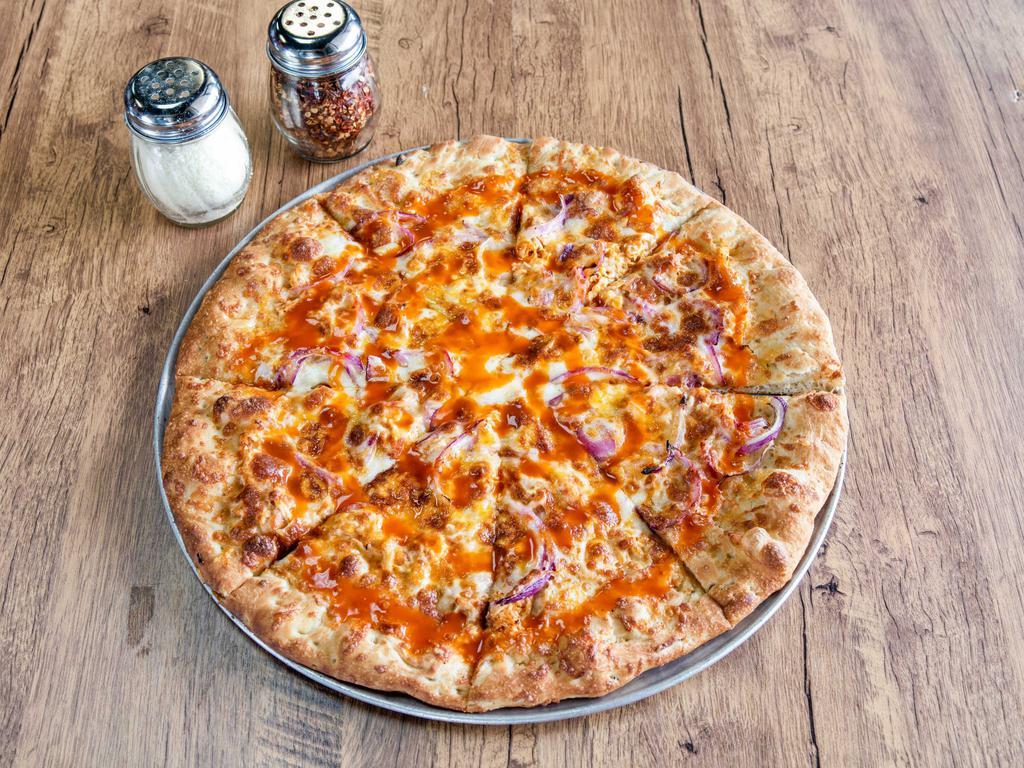Buffalo Chicken Pizza · Diced Chicken, Buffalo hot sauce, onions, mozzarella and cheddar cheese.