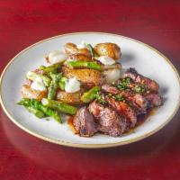 Hanger Steak · Smashed crispy fingerlings, asparagus, roasted pearl onions, garlic aioli, red wine jus