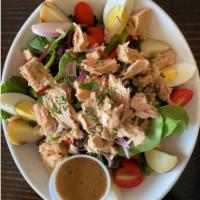 Salade Nicoise · Romaine lettuce, red peppers, hard-boiled egg, onions, tomatoes, haricots verts, potatoes, b...