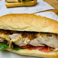 Chicken Sandwich · Pulled rotisserie chicken or Fried Chicken , French baguette with fresh tomatoes, lettuce, a...