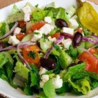 Large Greek Salad · Blend of Romaine Lettuce, Tomatoes, Cucumbers, Red Onions, Feta Cheese, Black Pitted Olives,...