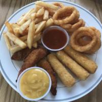 La Mia Cucina Sampler · Chicken fingers, mozzarella sticks, onion rings and french fries.
