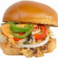SMH Grill Chicken · Marinated grilled chicken with melted pepper jack cheese, sauteed onions, jalapenos, bell pe...