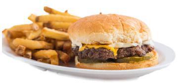 Kids Just Kidding Burger · fresh beef patty, melted American cheese, mayo and pickle. small fries & small drink