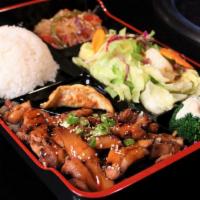 Teriyaki Chicken Box · Chopped marinated chicken topped with teriyaki sauce, served with rice, salad, jabchae, and ...