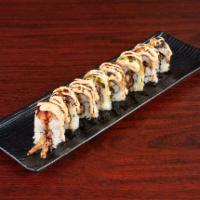 Sky Diver Roll · Soft shell crab, fresh water eel, avocado, eel sauce, and spicy mayo.