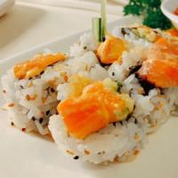 Spicy Salmon Roll · Salmon, spicy mayo, and cucumber.