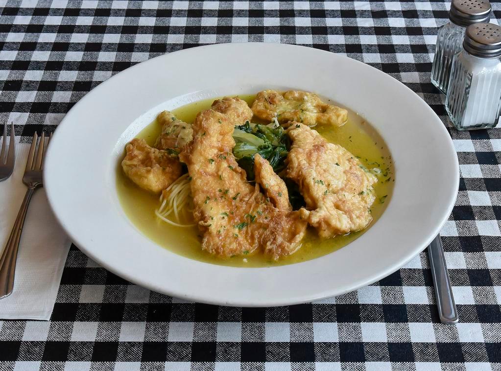 Chicken French and Artichoke Hearts Combo · Egg-dipped chicken and artichoke hearts sauteed in a lemon sherry wine sauce with choice of pasta over or on the side.