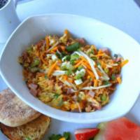 Hash Brown Bowl · Hash browns scrambled with 2 eggs, green onions, mixed cheese, tomatoes, ham & bacon