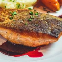 Wild Salmon · 9 Oz Pan seared wild salmon Served with beet sauce and mashed potato