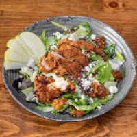Buttermilk Fried Chicken Salad · Mixed greens, romaine, spicy walnuts, granny smith apples, blue cheese crumbles and green go...