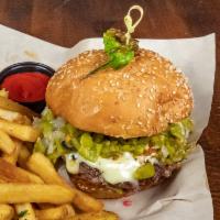 GF Green Chile Burger · Hatch chiles, jalapeno american, diced onion, shredded lettuce, smoked paprika aioli