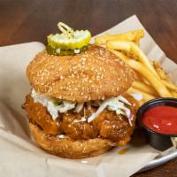 GF Nashville Hot Chicken Sandwich · Grilled chicken breast, hot sauce, pickles, mayo, coleslaw