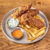 Buttermilk Fried Chicken · Lightly battered and fried boneless chicken tenders, seasoned fries, creamy coleslaw and hon...
